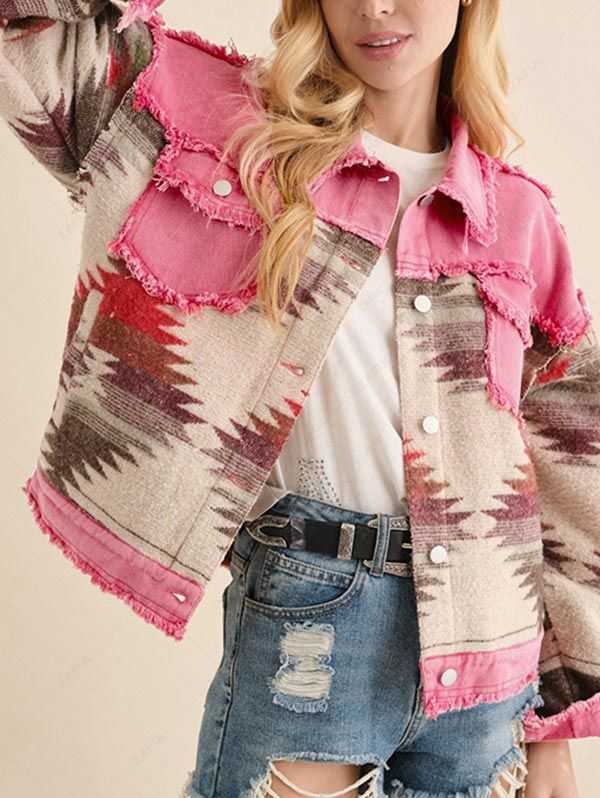 Ethnic aztec print jacket - womens pink winter jacket