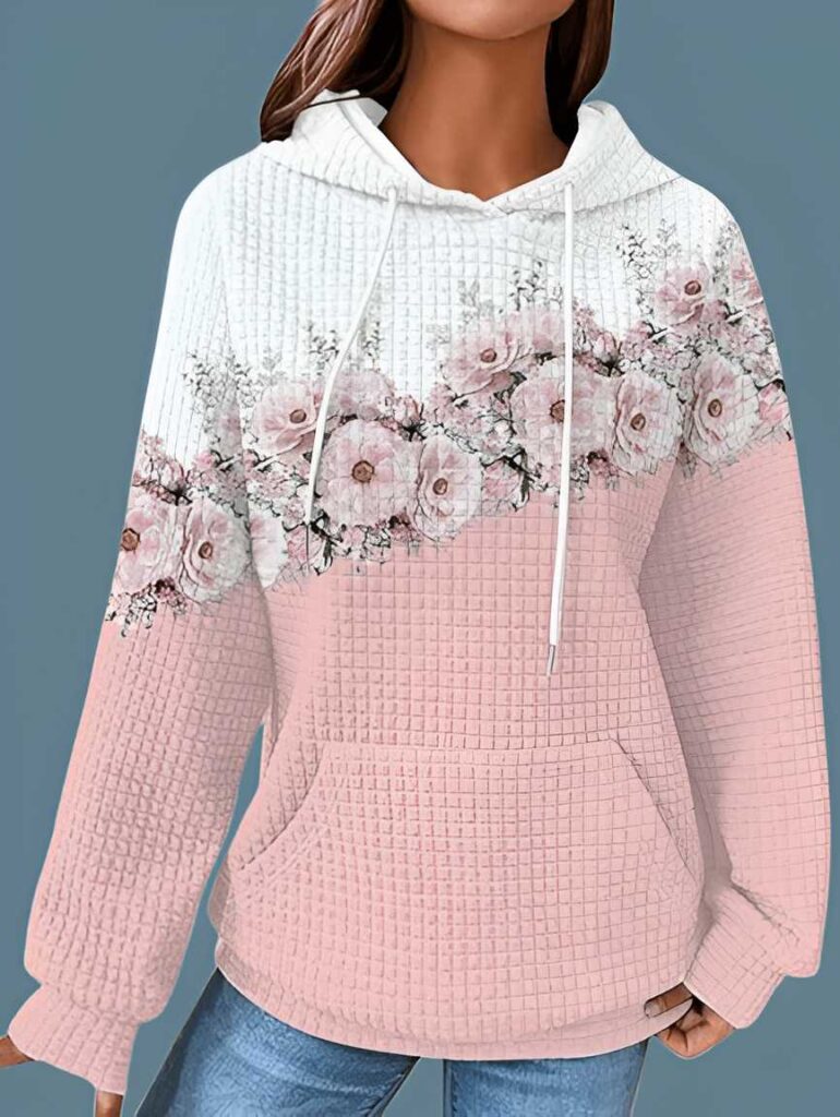 Pink floral hoodie for women - warm winter hoodie for women