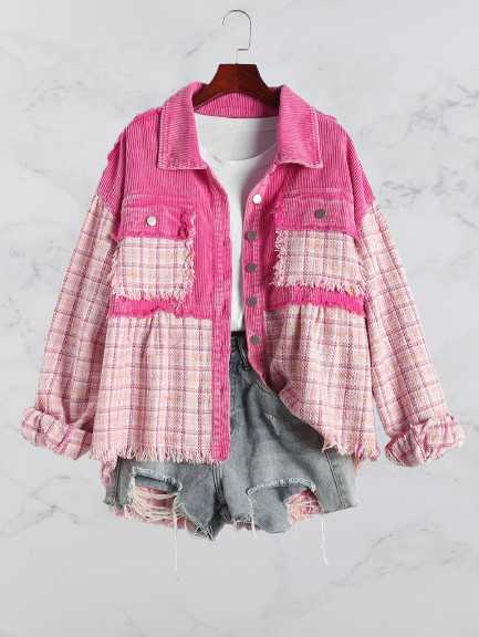 pink tweed jacket for women - pink patchwork jacket - pink corduroy jacket for women