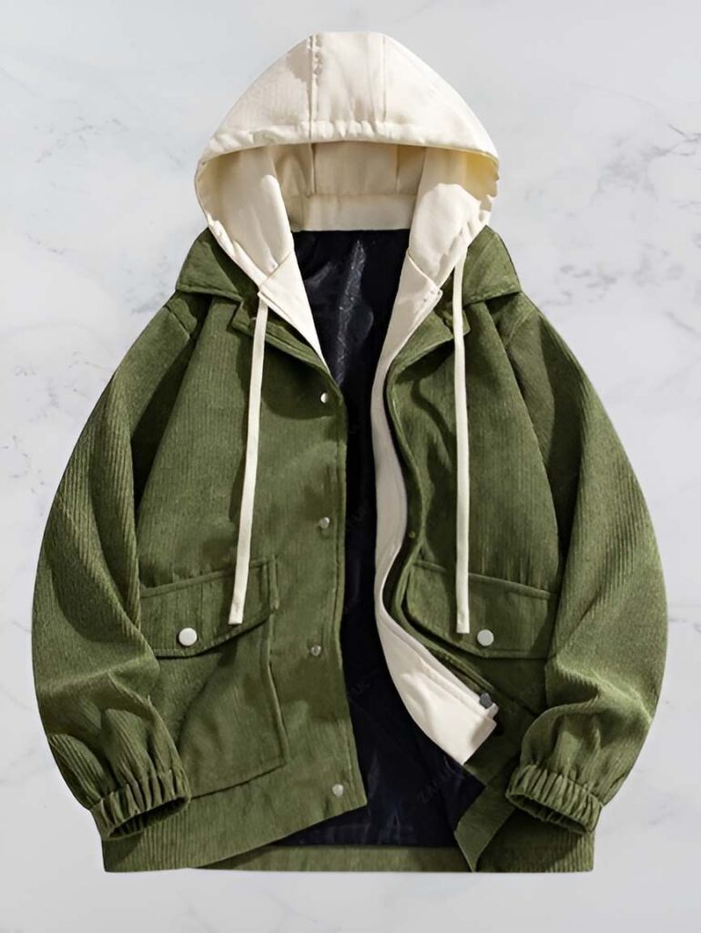 11. Faux Two-pieces Colorblock Hooded Corduroy Jacket - Army Green - Mens Fashion