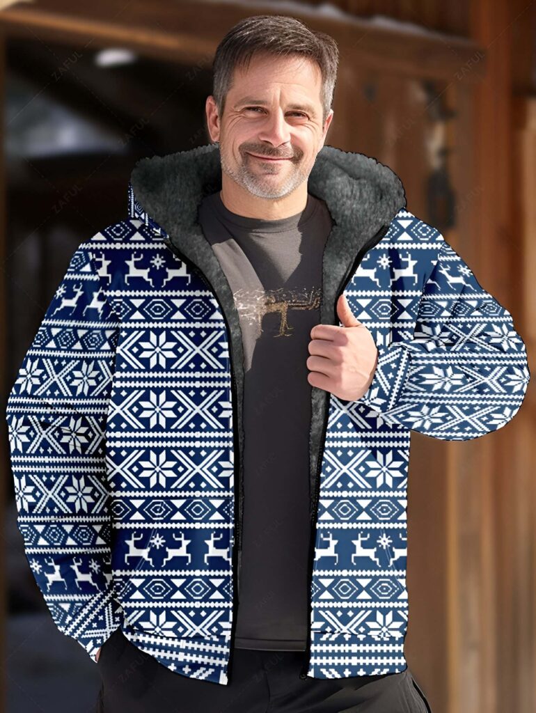 17. Christmas Snowflake Elk Geometric Print Hooded Coat for Men