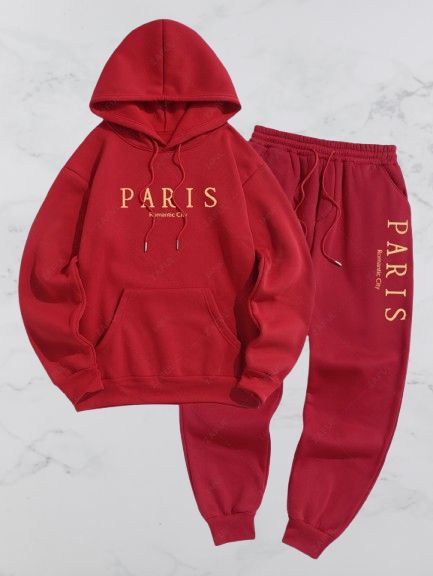 20. PARIS Fleece-lined Pullover Hoodie And Drawstring Jogger Sweatpants Set