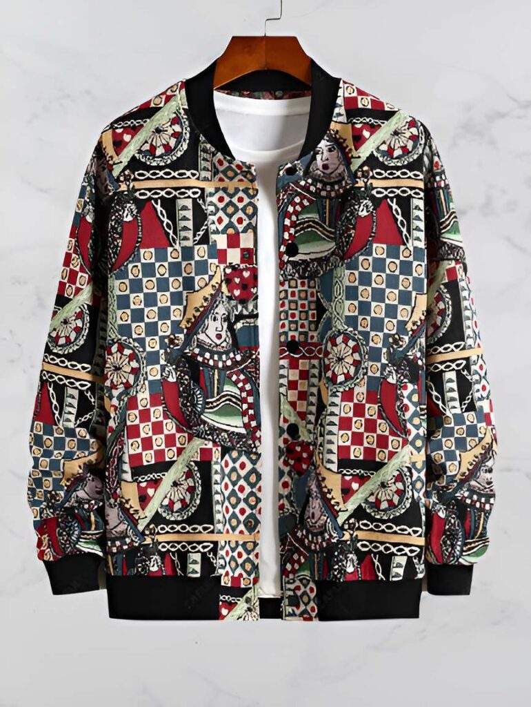 23. Playing Card Jacquard Zip Up Baseball Bomber Jacket - Mens Fashion