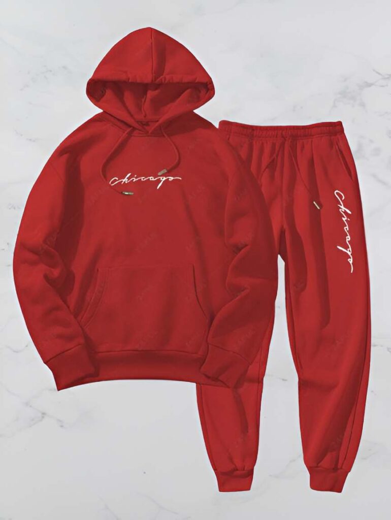 26. Chicago Letter Kangaroo Pocket Hoodie and Jogger Sweatpants Set