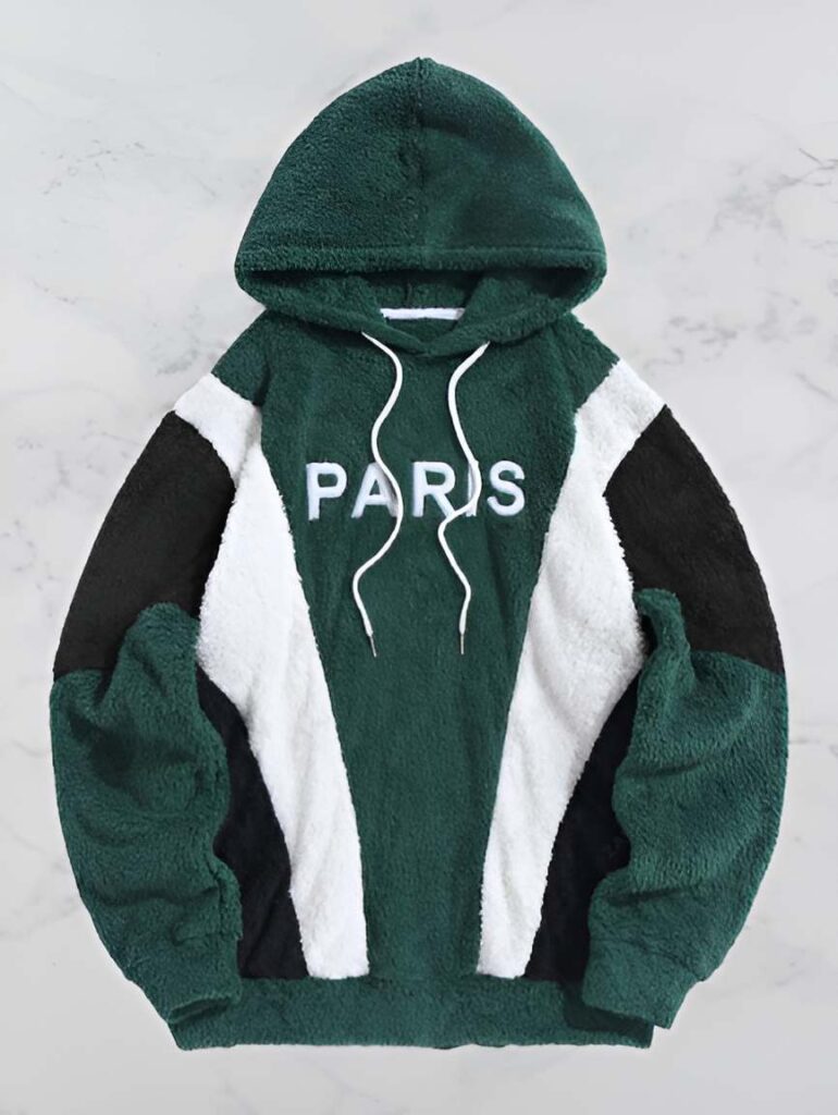 27. PARIS Embroidered Fuzzy Pullover Faux Fur Hoodie - Deep Green - Mens Fashion