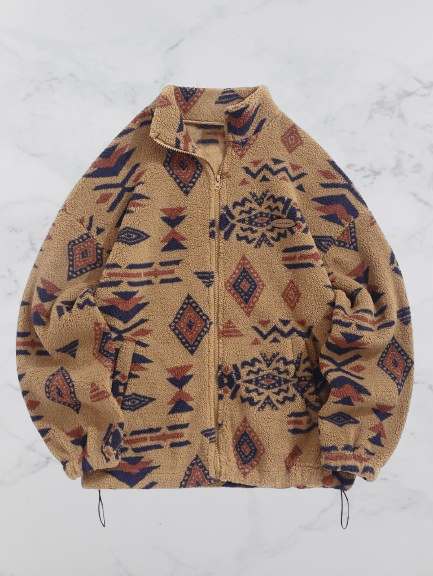 28. Aztec Printed Zip Fly Fluffy Jacket - Mens Warm Clothes