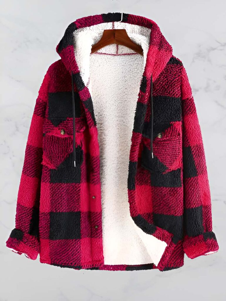 29. Checkerboard Plaid Pattern Faux Fur Hooded Jacket for Men