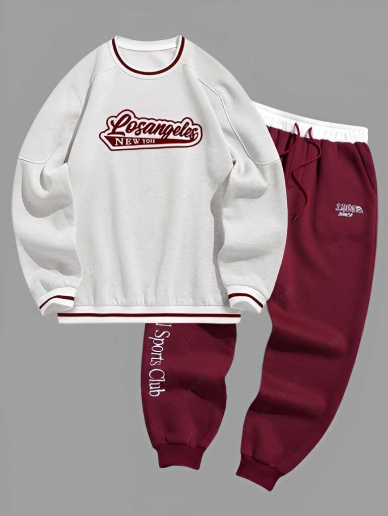 32. Crew Neck Pullover Sweatshirt And Letter Embroidery Drawstring Jogger Pants Set - Deep Red