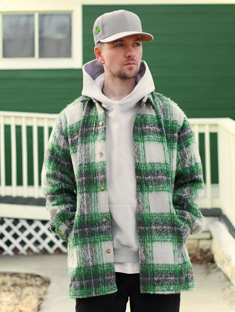 33. Green Plaid Pocket Plush Fluffy Shacket for Men