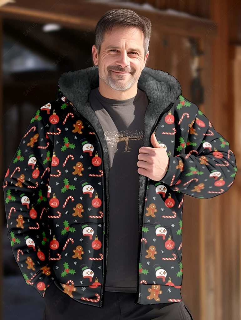 5. Christmas Snowman Candy Print Hooded Coat - Mens Fashion