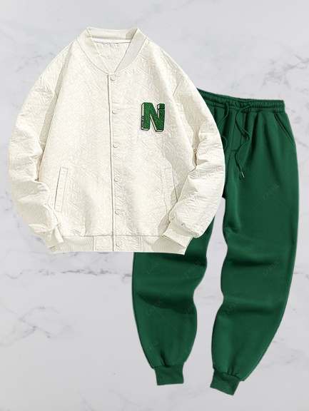 7. Jacquard Texture Appliques Baseball Collar Jacket And Thermal Fleece-lined Sweatpants Set - Deep Green