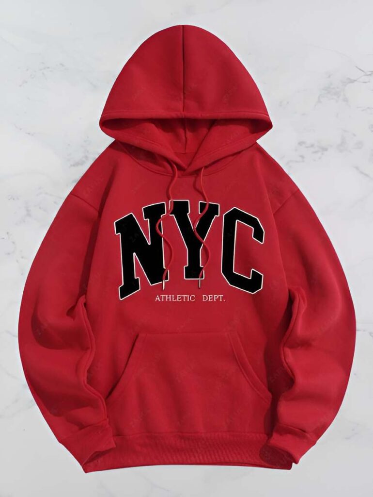 9. NYC Pattern Fuzzy Fleece-lined Kangaroo Pocket Design Pullover Hoodie for Men