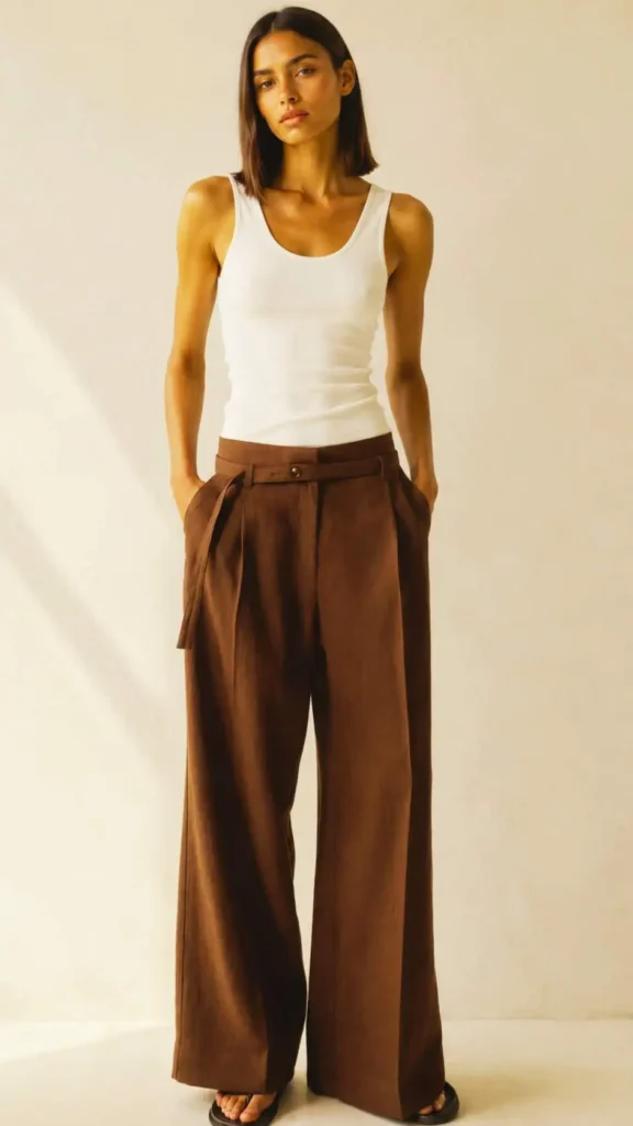 Brown capsule wardrobe outfit with high-waisted wide-leg chocolate brown trousers and white tank top