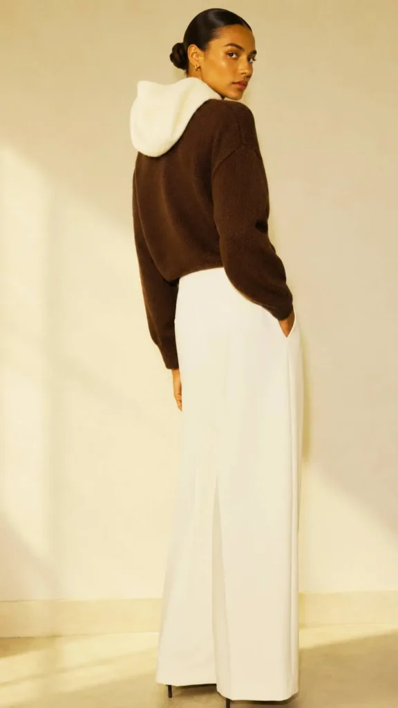 Chocolate brown aesthetic outfit with oversized rib-knit sweater and white wide-leg trousers