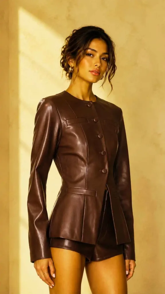 Chocolate brown outfit ideas featuring a structured faux-leather blazer with matching shorts