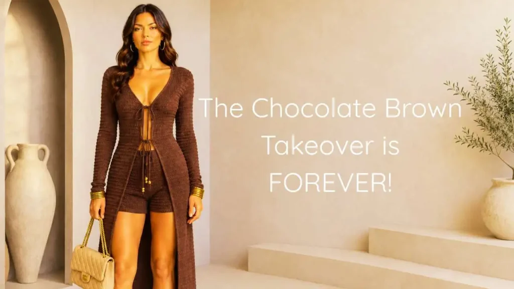 Woman wearing a chocolate brown outfit with gold jewelry and a beige handbag